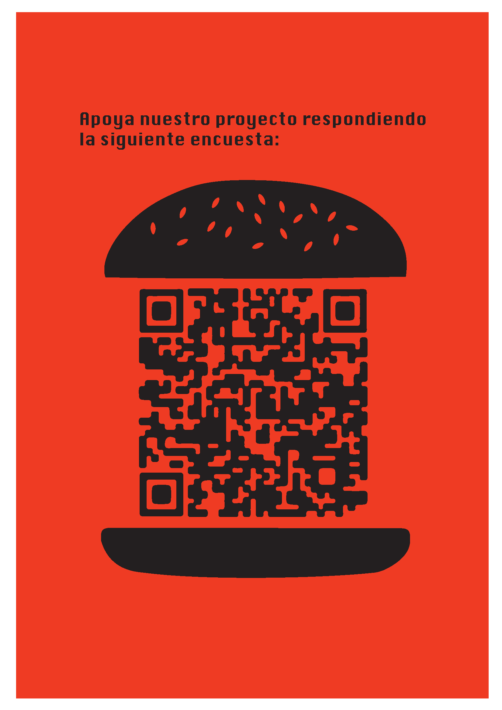 Cartel de fondo rojo en el que se muestra la silueta de una hamburguesa con un código QR en el medio.