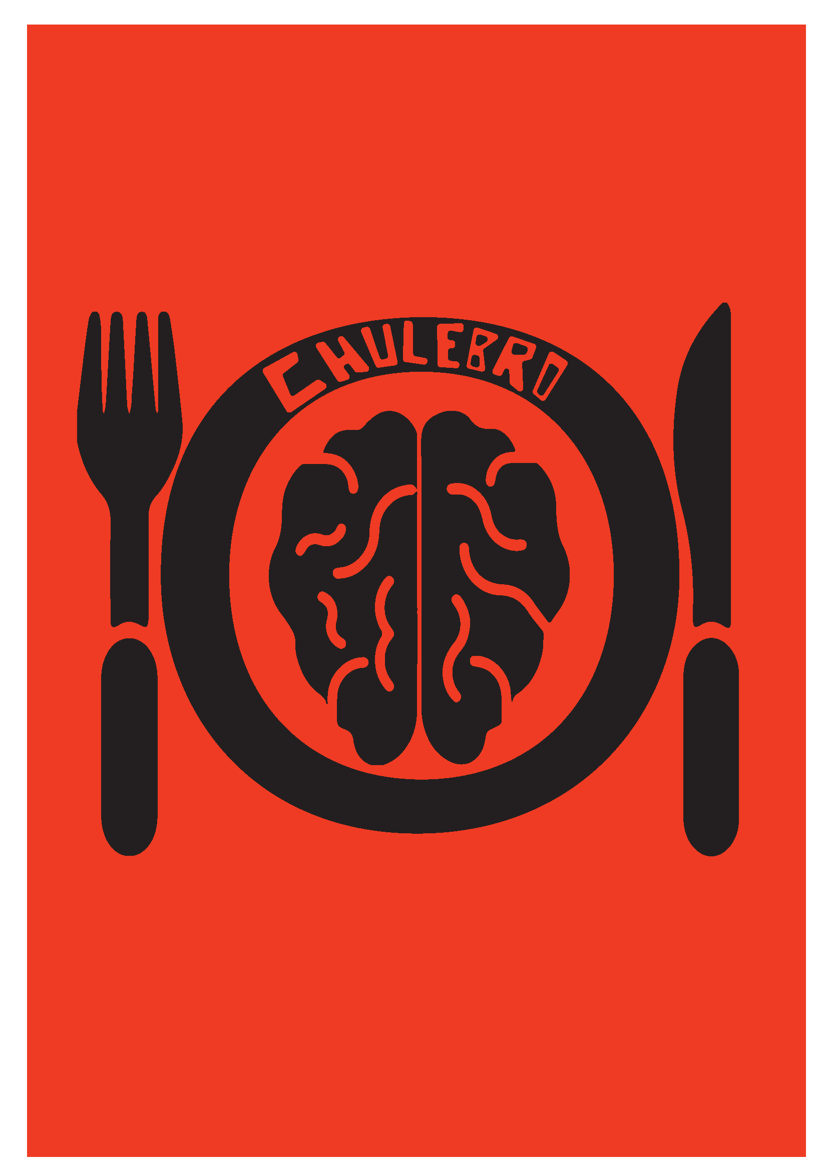 Cartel de fondo rojo en el que se muestra la silueta de un plato con un cerebro servido en él.