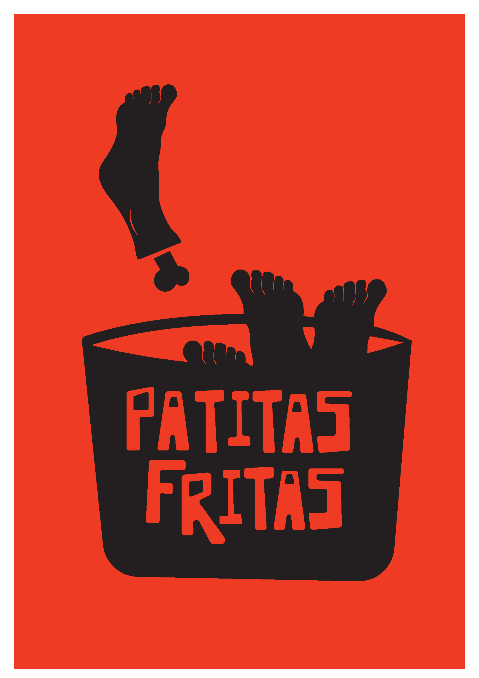 Cartel de fondo rojo en el que se muestra la silueta de una olla con píes humanos dentro y la frase: Patitas fritas.