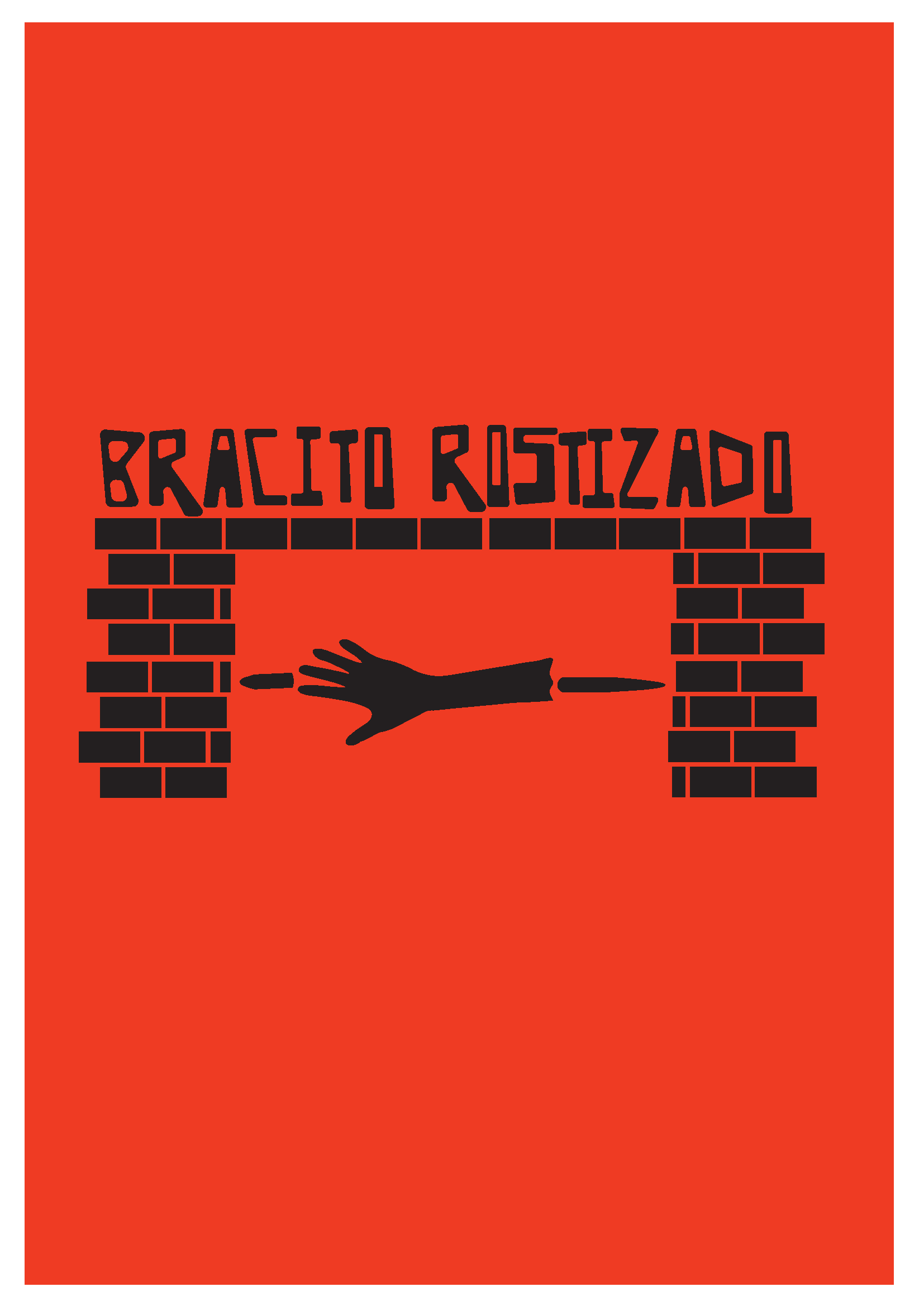 Cartel de fondo rojo en el que se muestra la silueta de un brazo humano con una varrilla en el medio, simulando un pollo rostizado, con la frase: Bracitos rostizados.